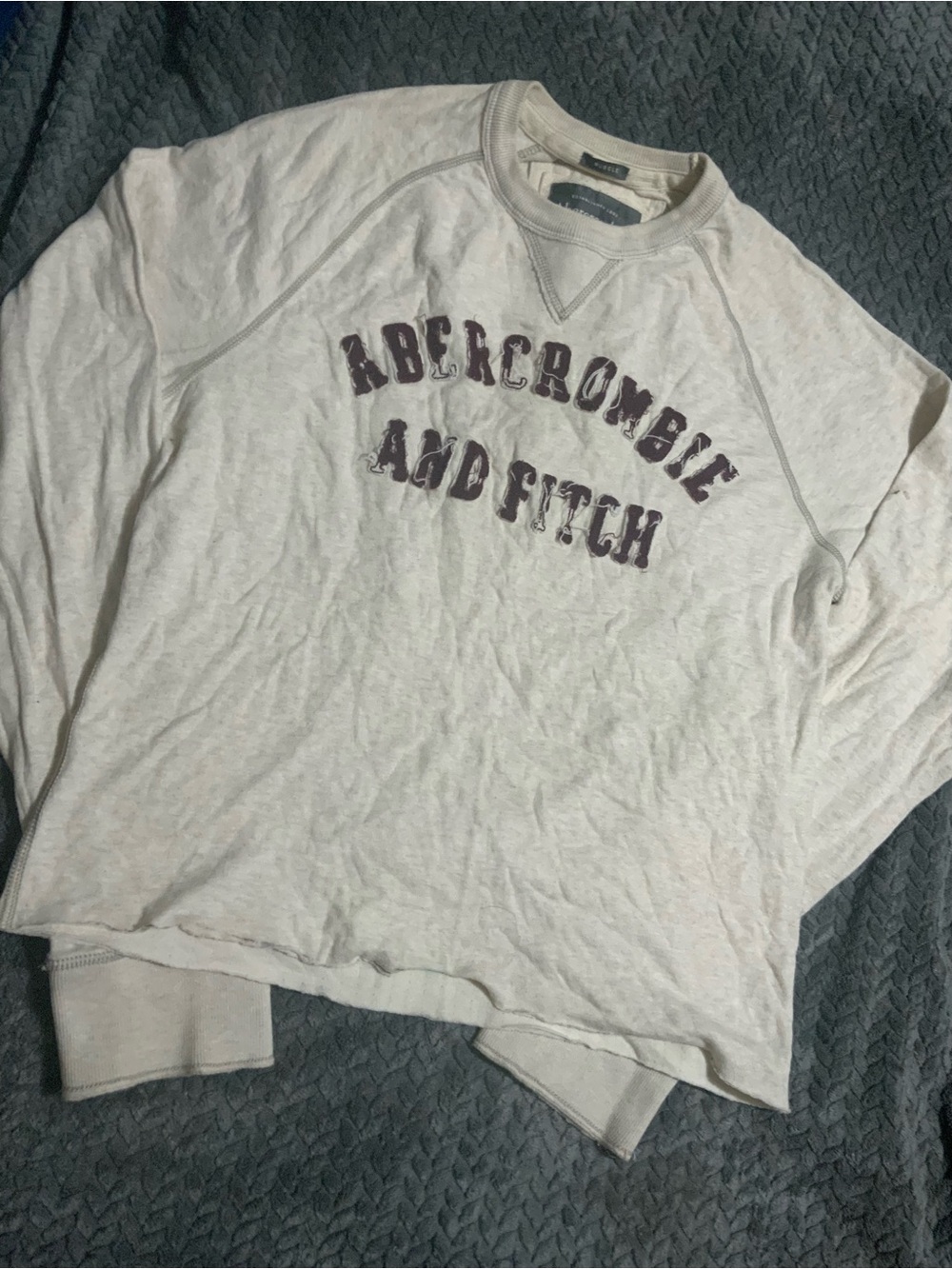 Abercrombie & Fitch Men's Cream Crewneck with Dark Purple Logo
